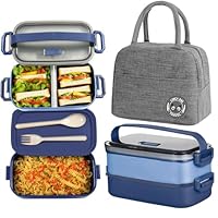 Haoh Lunch Box Kit, 1600ml 2 Strati Ermetica Porta Pranzo da Ufficio con Posate e Borsa Termica Porta Pranzo, Bento Box Microonde per Picnic Scuola Uffici Adulto(Blu)