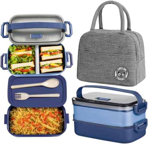 Haoh Bento Lunch Box Kit, 1600ml 2 Etages Boite Repas avec Sac Isotherme Repas, Hermétique Boîtes Bento pour Pique Nique, Travail, Goûter, Ecole, Boîte à...