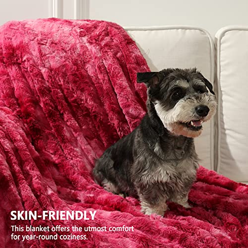 Faux Fur Blanket King Size - Cozy, Shaggy, And Furry Faux Fur - Luxury Tie-Dye Decorative Gift - Reversible King Size Blankets For Couch, Sofa, Bed (90X90 Inches) Wine Red #TOP2