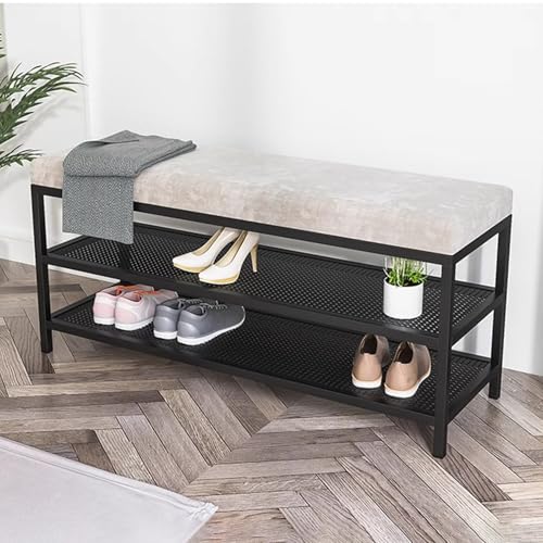 Banc à chaussures en velours gris avec rangement et structure métal noir