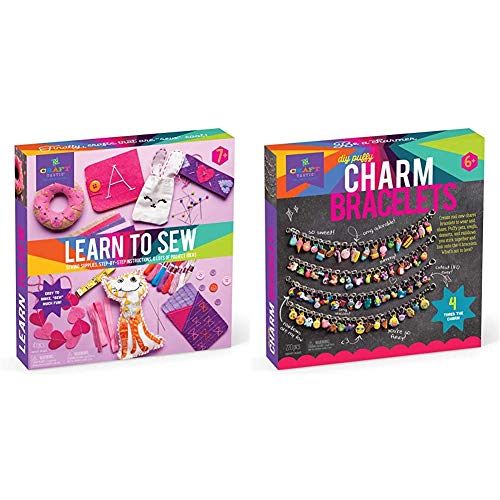 Craft-tastic â Learn to Sew Kit â Craft Kit Includes 7 Fun Projects to Teach Basic Sewing Stitches & DIY Charm Bracelets Kit â Craft Kit Makes 4 Customizable Bracelets with DIY Puffy Sticker Charms