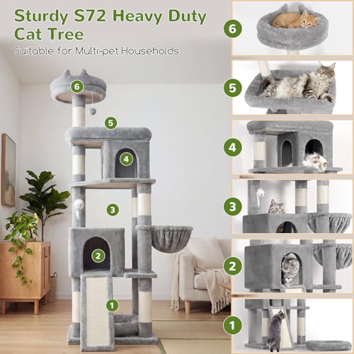 Image of Globlazer Heavy Duty Cat Trees for Large Cats, Sturdy 72in Maine Coon Cat Tree for Large Cats 20 lbs+ Heavy Duty Cat Tower for Adult Biggest Cat with 6 Scratching Posts, Hammock, S72, Light Grey