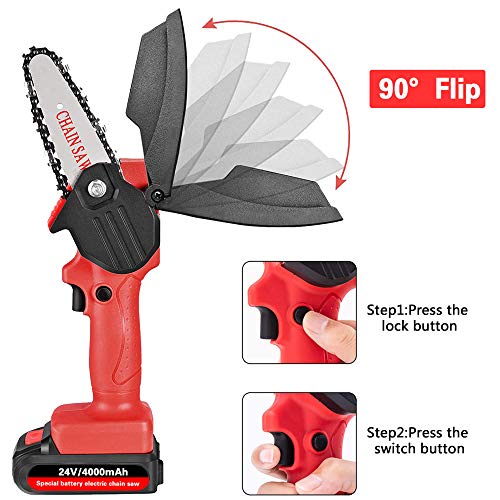 Mini Chainsaw with 2 Batteries and 4 Saw Chains, Handheld Cordless Chainsaw for Tree Branch Wood Cutting Red Battery Chainsaw