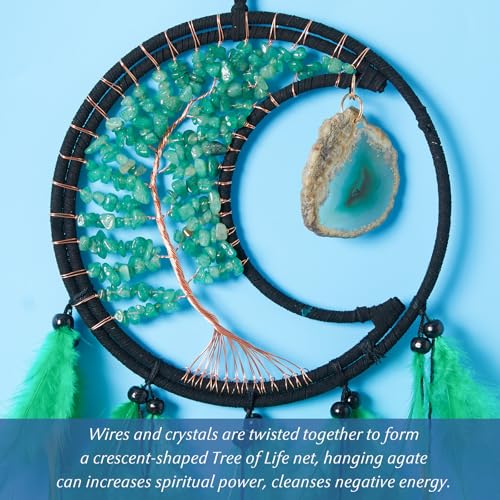 Dreamlike Moon Dream Catchers Wall Decor Crescent Tree of Life Chakras Dream Catcher with Agate & Crystal Stone Handmade Green Feather Dreamcatchers Wall Hanging for Girls Bedroom Blessing Gift - Image 4