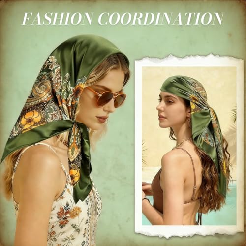 Image of SANNIDHI Hair Head Scarf for Women Satin Silk Like Neckerchief Fashion Print Square 35in Bandana Handbag Decor