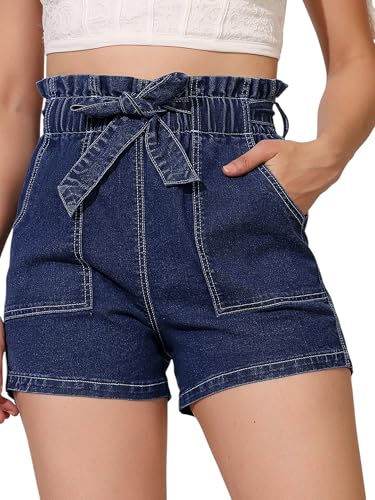 Image of Dolce Crudo Women's Relaxed Fit Mid-Rise Denim Shorts with Adjustable Waist & Frayed Hem