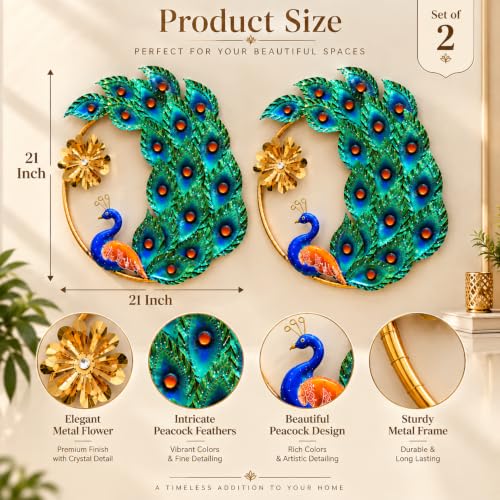 Image of SHREE 'O' GREEN TECH - Premium Handcrafted Round Peacock Metal Wall Hanging Showpiece Set of 2, Artistic Blue Green Bird Design with Gold Finish, Home Decor for Living Room, Hall & Bedroom