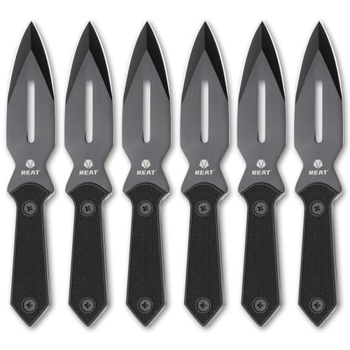 REAT Throwing Knives - 6 Piece, 7.5' 440 Stainless Steel with No-Slip Handle, Includes Nylon Carrying Case for Safe Storage, Ninja Kunai Knife for Competition, Training, Recreation (Black)