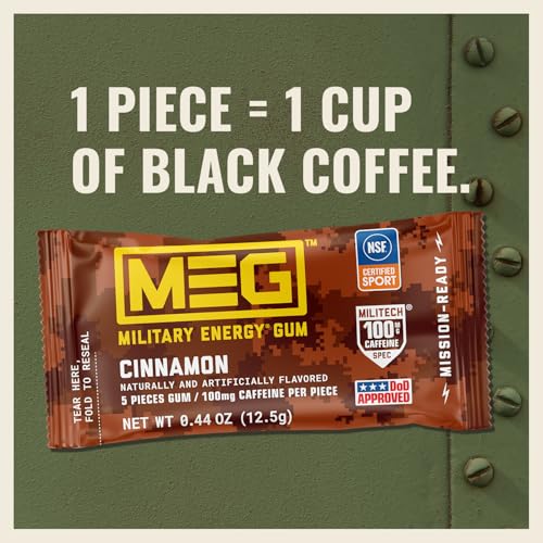 Image of MEG (Military Energy Gum) - Cinnamon | Enhance Your Physical Performance with 100mg of Caffeine Per Piece, Ultimate Boost for Workouts, Alternative to Caffeinated Drinks | NSF for Sport Certified - Pack of 18