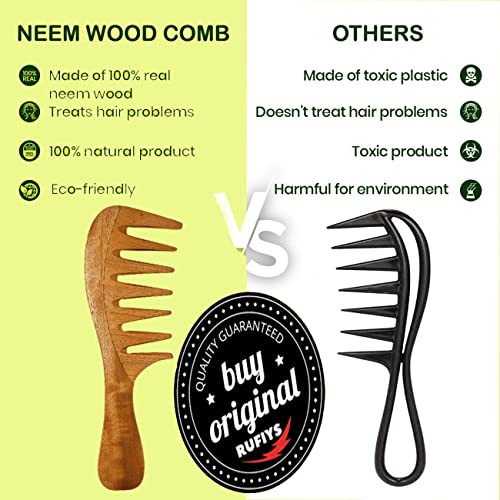 Image of Neem Wood Wide Tooth Comb for Hair - Natural Wooden Anti-Static Detangling Comb for Men & Women | Helps Reduce Breakage & Frizz | Scalp Massage | Eco-Friendly Hair Care Tool (Pack of 1) (Neem Wood - Combo)