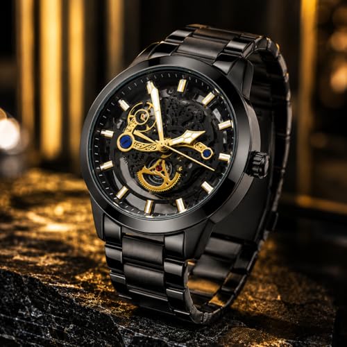 Image of Skeleton Automatic Watch for Men, Mechanical Self Winding Analog Wrist Watch, Black Stainless Steel Chain Strap, Luxury Gold Accent Dial, Waterproof 3ATM, Luminous Hands, Premium Mens Silver Watch