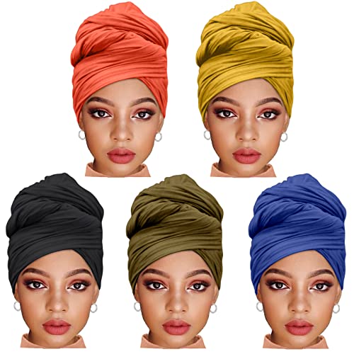 ZRQ 5 Pieces Solid Color Multicolor Combination Stretch Hijab Extra Long Head Scarf Jersey Turban Fashion Headband Soft Head Wraps for Women (Black,Denim Blue,Orange,Army Green,Turmeric)