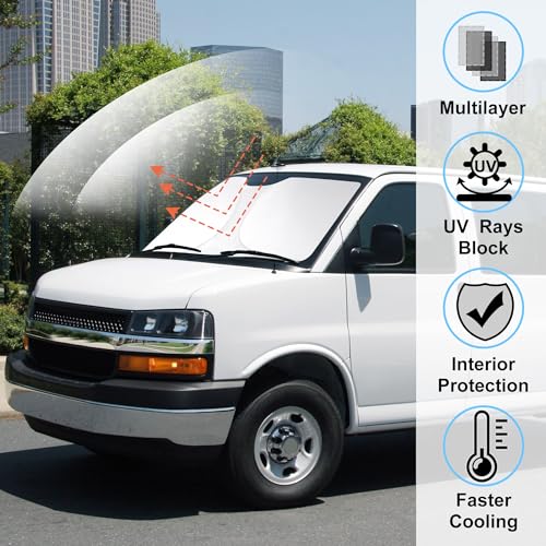 Image of Windshield Sun Shade Compatible with 1996-2024 2025 2026 Chevrolet Express Cargo Van 1500, 3500, 4500, LS, LT Winter Accessories Foldable Sun Visor Protector Keeps Cool