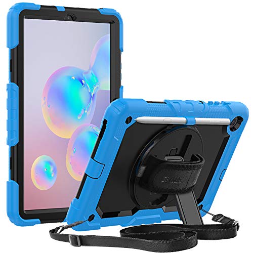 SEYMAC Case for Galaxy Tab S6 Lite 10.4 inch 2020 (SM-P610/P615), Full Protection 360 Rotating Stand Case with Screen Protector/Hand Strap, Cover for Samsung Tab S6 Lite 10.4'' 2020, Black/Sky Blue