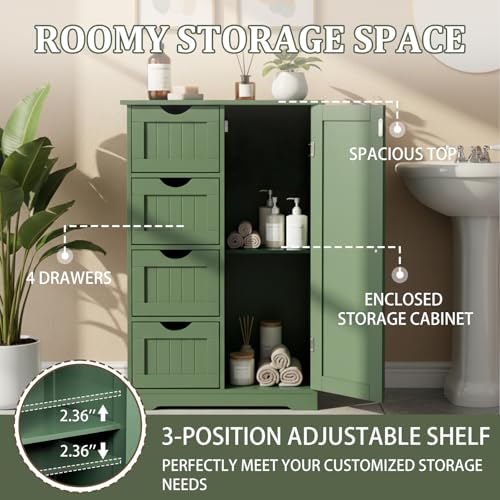 Image of Vasitelan Bathroom Wooden Floor Cabinet, Side Storage Organizer with 4 Drawers and 1 Cupboard, Freestanding Entryway Storage Unit Console Table,22 inch W x 11.8 inch D x 31.5 inch H (Green)