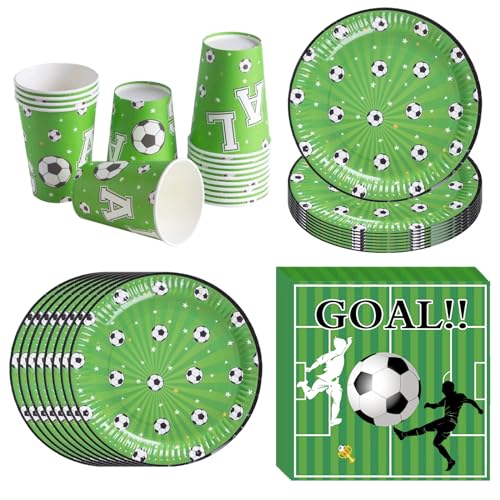 Bikasun Lot de 16 assiettes et gobelets en carton, 20 serviettes pour 16 invités, fête à thème de football, pour fille et garçon, vert