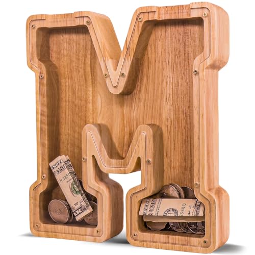 JOOMLAFLY Wooden Letter Piggy Bank for Kids Larger Letter Piggy Bank for Boys and Girls Personalized Piggy Bank Initial Coin Bank Wood Kids Money Bank...
