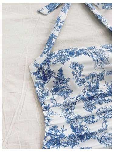 WDIRARA Women's Floral Print Halter Top Ruched Tie Backless Sleeveless Boho Crop Tops3