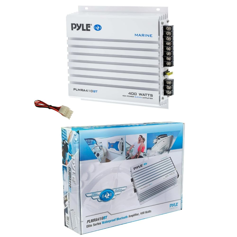 KIT SET PARA PYLE PLMRA410BT 1 Amplificador marino de 4 canales, clase AB, 4 x 100 vatios máx., impermeable, conectividad Bluetooth 2.1, para piscinas, barcos, embarcaciones, 1 pieza + cables gratis