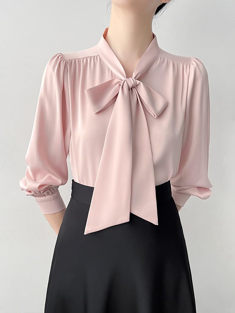 Camisa de Oficina de Saten con Manga Larga y Lazo para Mujeres