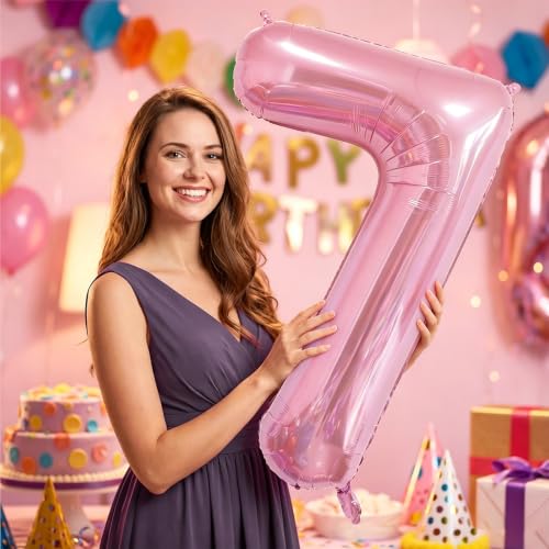 Image of Number Balloons Pink Party Balloon - Giant Number 7 Balloon, 40 Inch Large Balloon, Birthday Decorations for Women, Birthday Balloon for Anniversary Baby Shower Princess Party Decorations