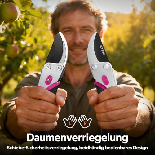 VOTREK® Bypass-Gartenschere 21,5 cm – mit SK5-Klinge & versiegelter Feder als Profi-Rosenschere, Baumschere, Pflanzenschere wie Astschere für müheloses Schneiden von Rosen, Ästen, Gehölzen【Geschenk】
