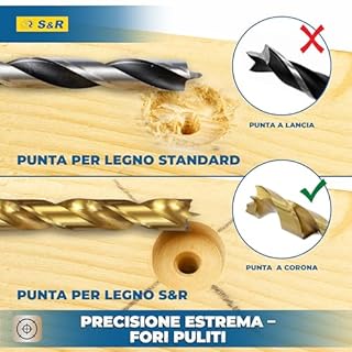 S&R Set 25 Punte Trapano Legno da 1 a 13 mm. Punte in Acciaio HSS 4241, Rivestimento Tin, per Fori Tondi Precisi. Accatto Cilindrico. Per Legno Massiccio, Lamellare, Truciolare con Scatola di Metallo.