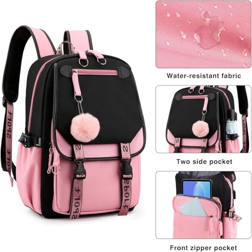 Digi4U Girls Backpack Middle School Students Bookbag with Lunch Box Set,School Backpack with USB Charge Port for Teens Girls Women 3+ Years(Blackpink)2