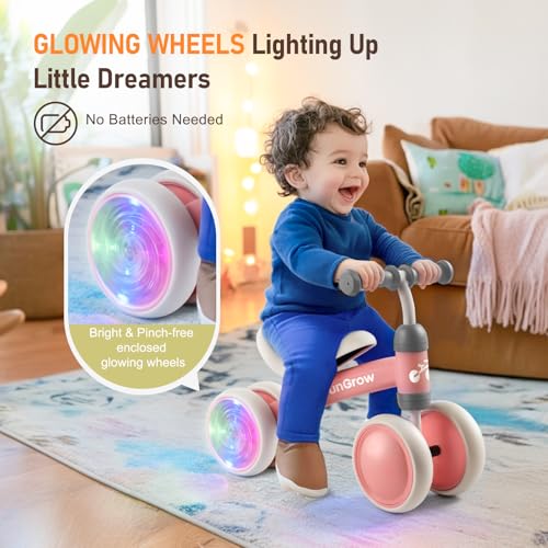Image of Colorful Lighting Baby Balance Bike Toys for 1 Year Old Girl Gifts, Balance Bike 1 Year Old No Pedal, 12-24 Months Toddler Ride on Toys with 4 Silent Wheels & Soft Seat, 1st Birthday Gifts, Pink