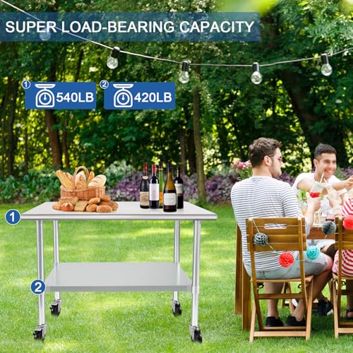 Image of HARDURA Stainless Steel Table with Wheels 30 x 36 Inches Casters NSF Heavy Duty Commercial Prep Table with Undershelf and Galvanized Legs for Food Prep