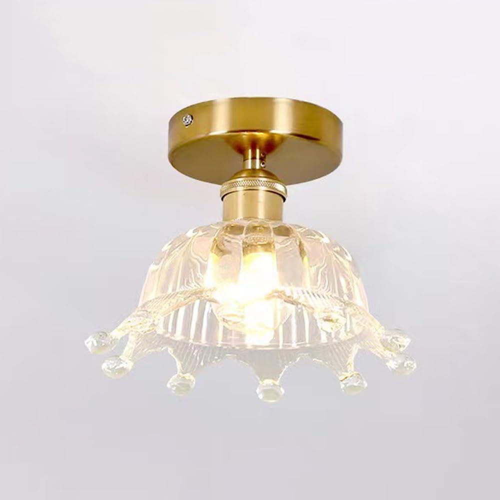ITOSUI LED Ceiling Light, Semi Flush Mount Ceiling Lamp, Crown Glass Fixture, Ribbed Flower Shade, Gold Brass, 7 Inch, E26 Tri-Color, French Vintage for Hallway, Entryway, Balcony, Corridor