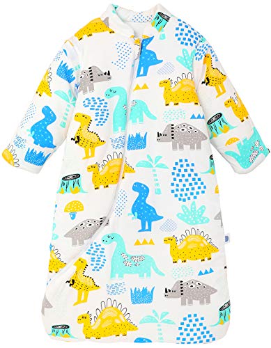 Chilsuessy Winter Baby Sleeping Bag Sack with Detachable Long Sleeves 3.5 Tog Super Soft Warm Wearable Blanket for Infants and Toddler,2-Way Zipper,Breathable Cotton, Dinosaur, XL/4-6T