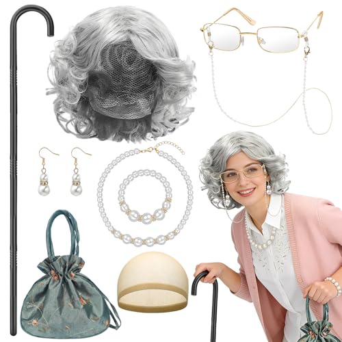 Kyndara 9pcs Old Lady Fancy Dress Kit for Women Granny Costume Accessory Set with Wig Pearl Necklace Bracelet Earrings Bag Glasses Walking Stick for Adult Christmas Halloween World Book Day Cosplay