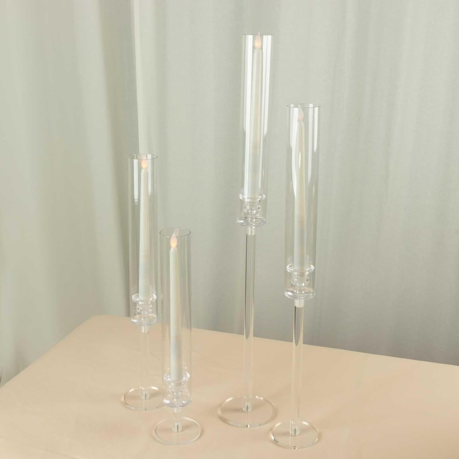 4 Clear Acrylic Hurricane Taper Candle Holders with Cylinder Shades Party Events Reception Decorations Supplies