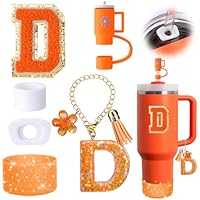 Mity rain 6PCS Orange Cup Accessories Set for Stanley Cup 30oz 40oz tumbler with handle, Including Straw Topper Cover Cap and Boot, Spill Proof Stopper, Handle Charm, Initials Sticker（Letter D