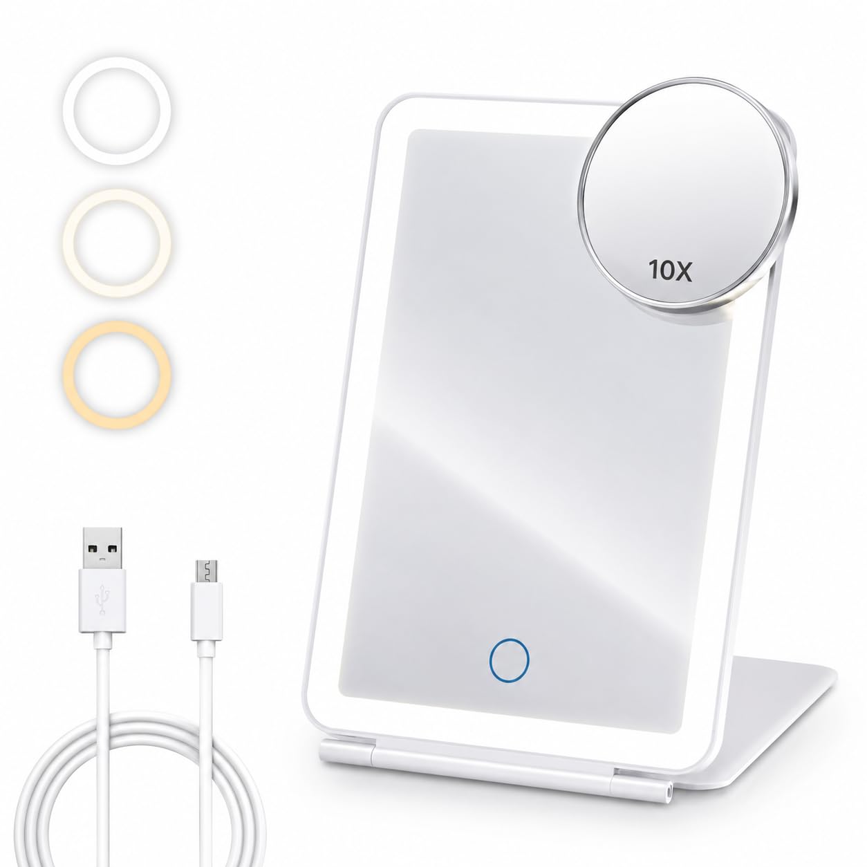 Rechargeable Travel Makeup Mirror with Lights, Portable Lighted Vanity Mirror with 10X Magnifying Mirror, 72 LED Lights, 1000mAh Battery, 3 Color