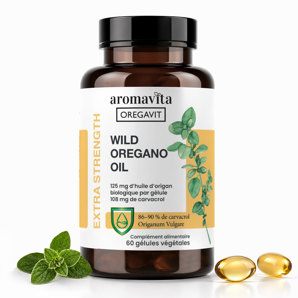 Capsules d'huile sauvage d'origan végétalienne biologique, 86-90% de carvacrol - Soutien immunitaire et digestif, antioxydant naturel, végétalien, sans OGM, 60 capsules (60 sofgels/1 paquet