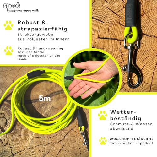 5m Schleppleine Hunde, Wasserfeste Hundeleine Rundleine mit Handschlaufe, Robuste Freilauf-Trainingsleine Neon-Gelb, bis 35kg