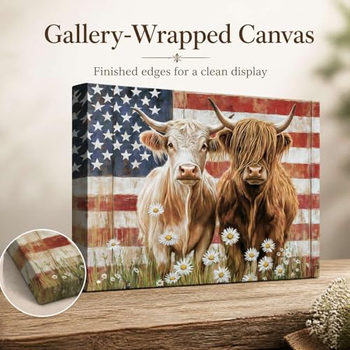 Image of Highland Cow Wall Art Decor, 4th of July American Flag Patriotic Vintage Canvas Print Picture Framed, Rustic Farmhouse Animal Painting for Home Bathroom Living Room