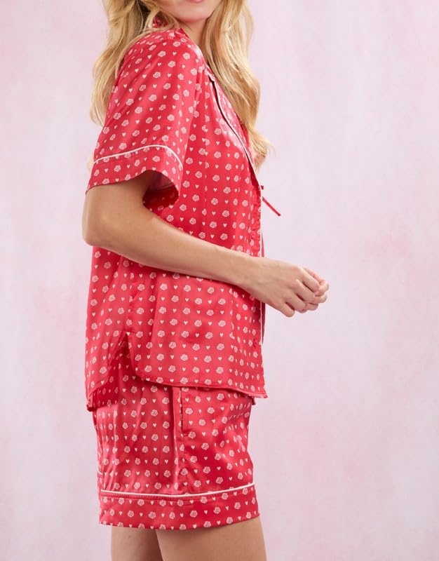 NUFIWI Women Heart Print Silk Pajama Shorts Set Satin Short Sleeve Button Up Shirt Shorts Pjs Valentines Sleepwear Loungewear - Image 4
