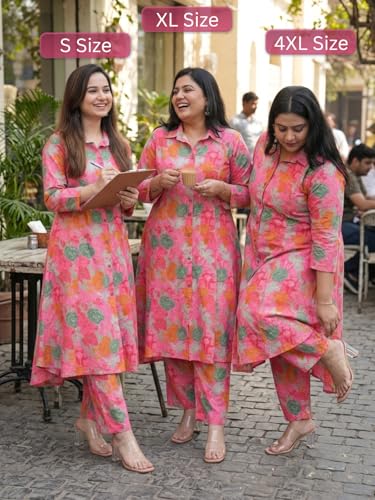 Image of Leriya Fashion Women's Cotton Printed A-Line Kurti Pant Set | Abstract Leaf & Floral Kurta with Trouser Pant | Casual Ethnic Co-ord Set for Women Stylish | Elegant Anarkali Style Tunic Kurta Set