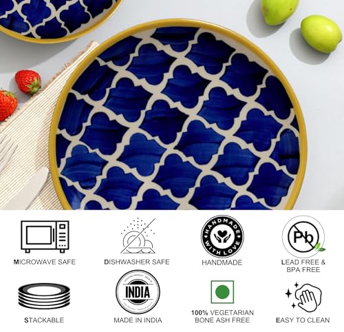 Image of Freakway Premium Moroccan Hand Glazed Dinner Set of 4 Pieces for Dinner with Bowls | 2 Dinner Plates and 2 Serving Bowl /katori | Microwave & Dishwasher Safe - Blue