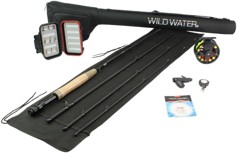 Wild Water Standard Fly Fishing Combo Starter Kit, 5 Or 6 Weight 9 Foot Rod, 4-Piece Graphite Rod With Cork Handle, Accessories, Die Cast Aluminum Reel, Carrying Case, Box Case & Flies
