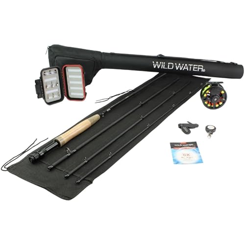 Wild Water Standard Fly Fishing Combo Starter Kit, 5 or 6 Weight 9 Foot Fly Rod, 4-Piece Graphite Rod with Cork Handle, Accessories, Die Cast Aluminum Reel, Carrying Case, Fly Box Case & Fishing Flies