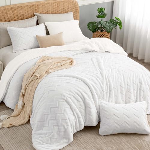 Image of BEDELITE Fluffy Sherpa King Comforter Set,White | Super Soft & Warm Fleece Bedding, Luxury Fuzzy Comforter for Winter, Heavy Plush Bedding Set,2 Pillowcases