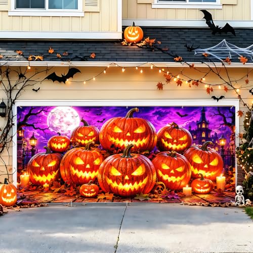 Image of Halloween Garage Door Decorations 7 x 16 ft, Jack O Lantern Cover