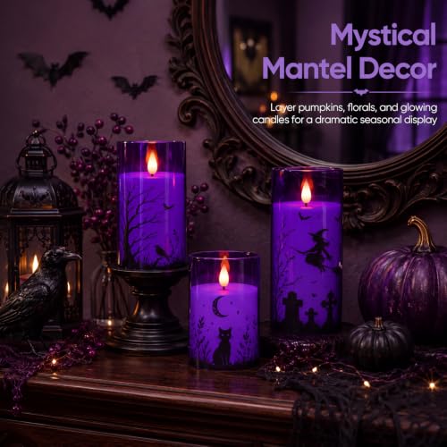 Image of Homemory Purple Halloween Flameless LED Candles with Remote Timer, Set of 3