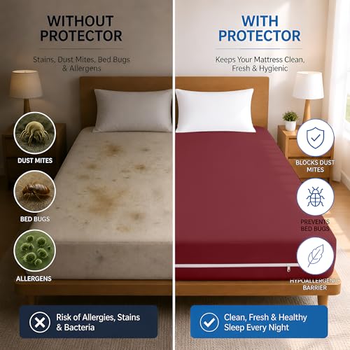 Image of 100% Waterproof Queen Size Zipper Mattress Encasement - Ultra Soft & Breathable Six-Sided Bed Cover, Dustproof Noiseless Fitted Design, 80x60 Inch (6x6 Feet), Fits Up to 6 Inch Mattress, Maroon