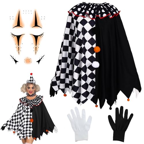 AUNGCSHE Costume Clown Femme, Déguisement Clown Femme, Inclure Cape d'Arlequin, Gants et Tatouage pour Déguisement Cirque, Costume Carnaval, Halloween
