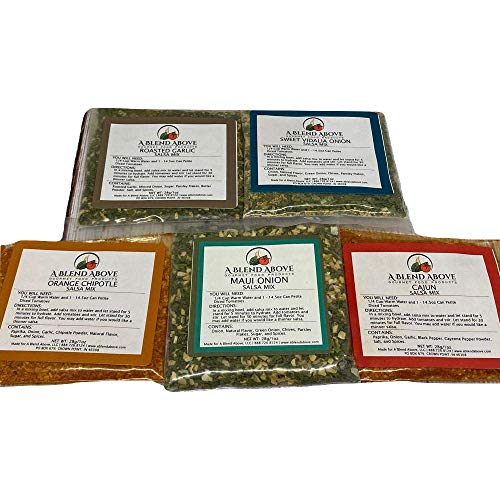 A Blend Above Salsa Mix, Best Sellers - Roasted Garlic, Sweet Vidalia Onion, Orange Chipotle, Maui Onion, and Cajun